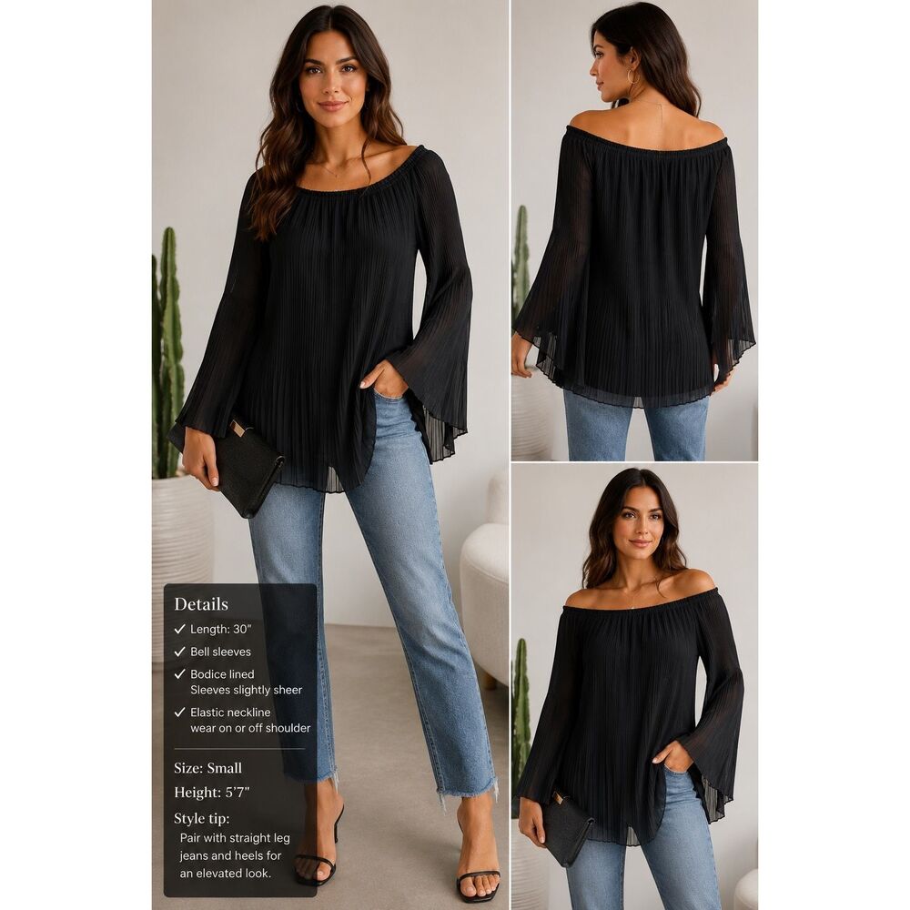 AGB Black Boho Goth Pleated Bell Sleeve Off Shoulder Tunic Blouse Top NWT L